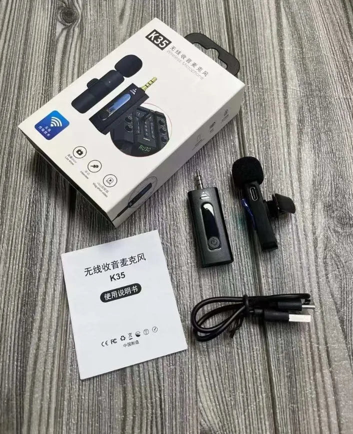 Wireless collar clip microphone for smartphones, showing clip design and available connection options.