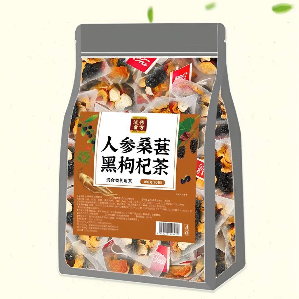 Resealable pouch of ginseng black wolfberry tea with 40 individual tea bags visible