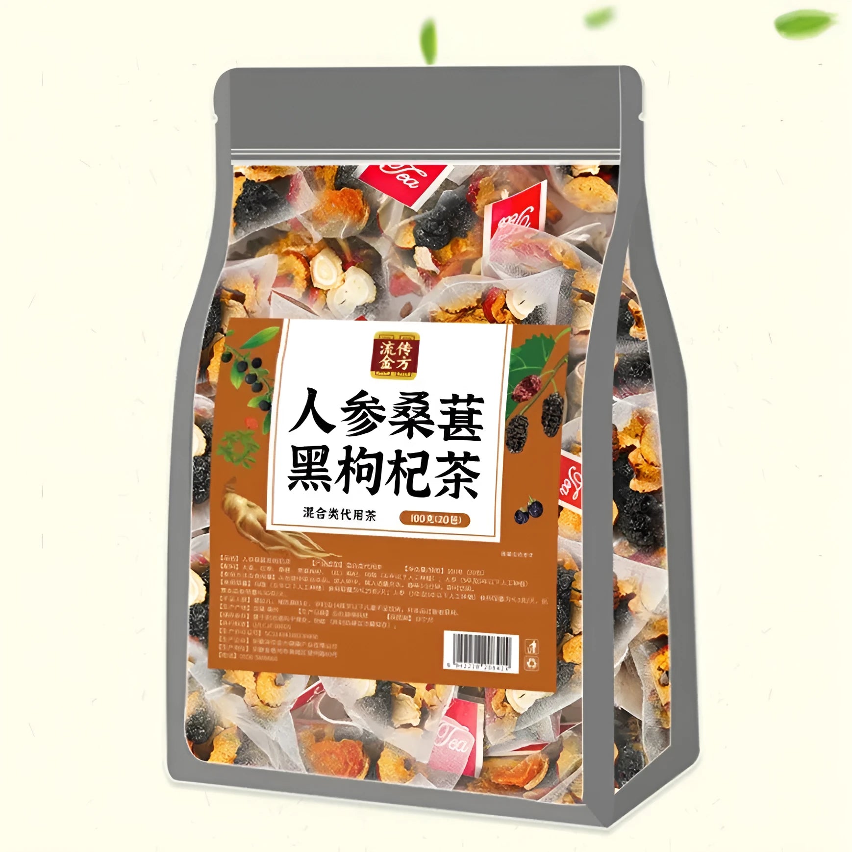 Resealable pouch of ginseng black wolfberry tea with 40 individual tea bags visible