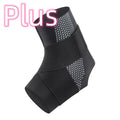 Black Lycra ankle support brace shown wrapped around an adult ankle