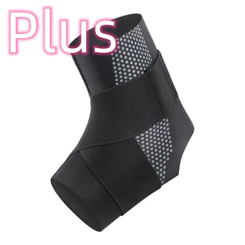 Black Lycra ankle support brace shown wrapped around an adult ankle