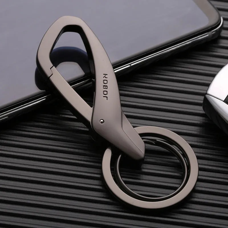 Zinc alloy double ring car key chain in black, chrome, or nickel colour, 8.3 x 3.5 cm
