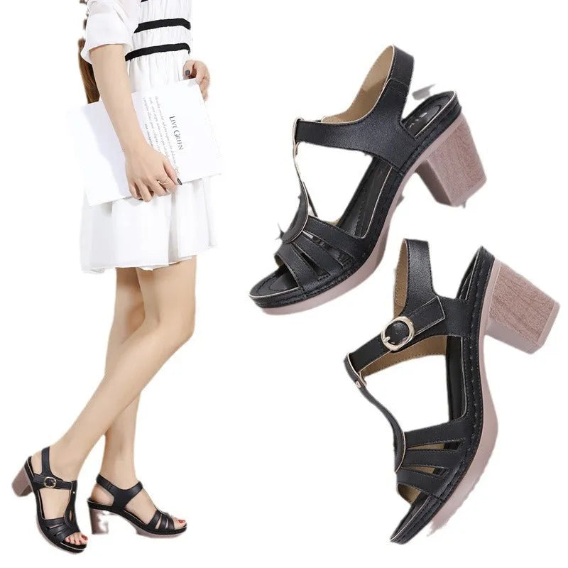 Women's patent leather thick heel sandals with round toe and metal buckle detail in apricot colour.