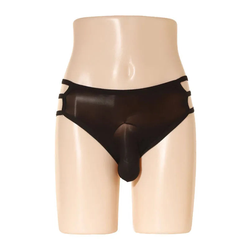 Men's fully transparent elephant nose shorts in a solid colour on a mid waist, showing the nylon fabric and design.