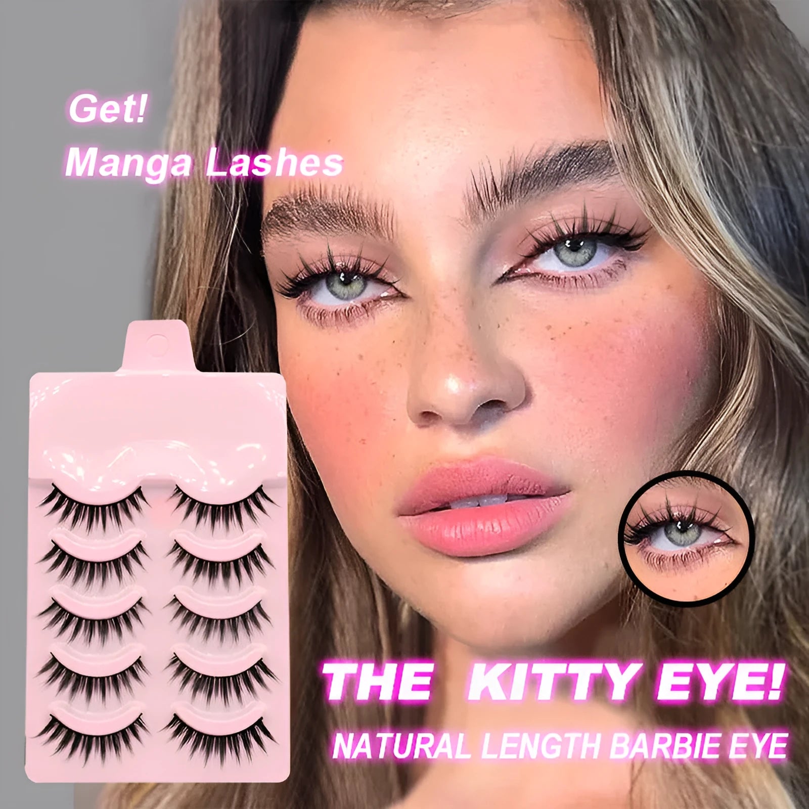 Pack of 5 pairs of black manga-style false eyelashes with natural wispy length on a white background.