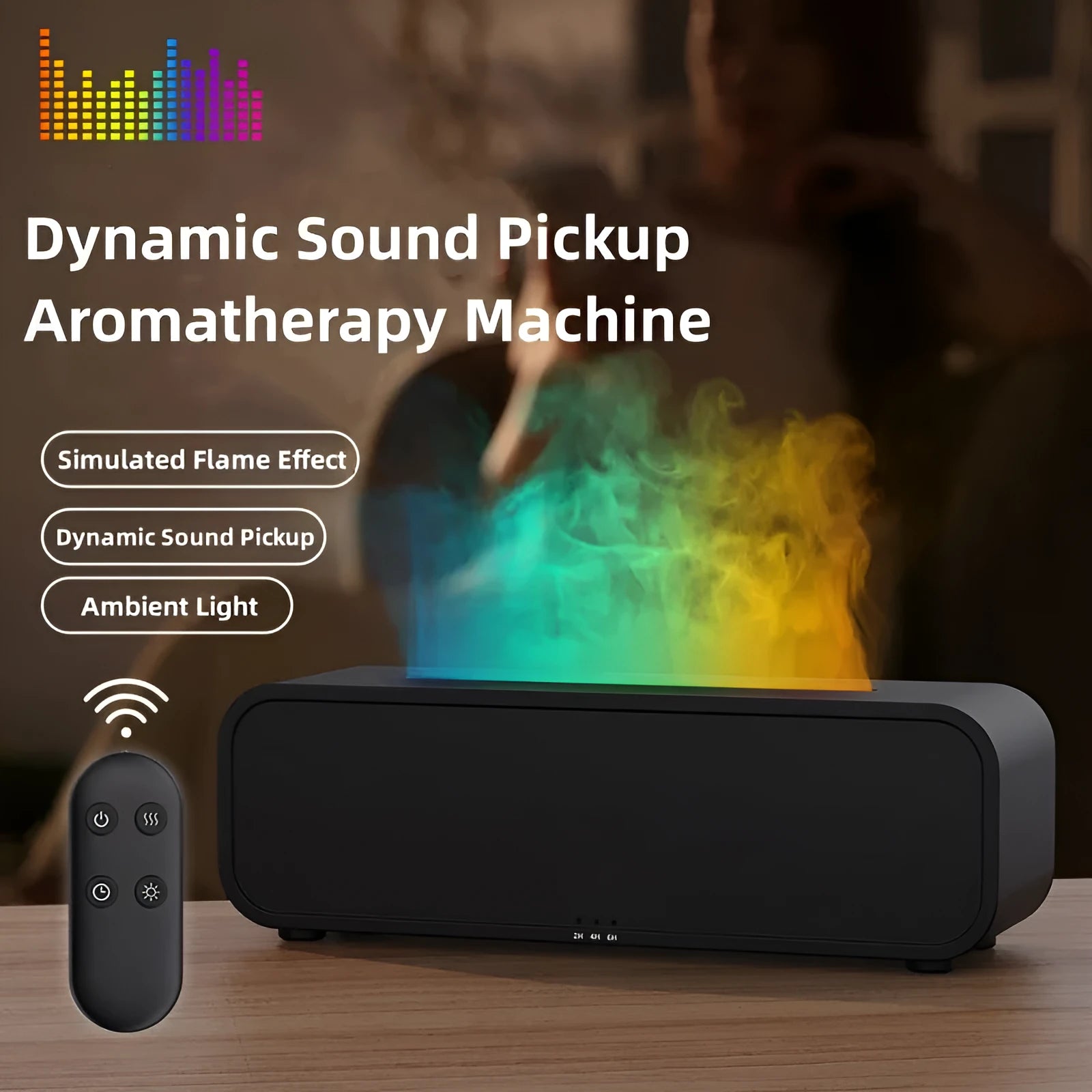 Black and white USB aroma diffuser with remote control and colour-changing LED lights