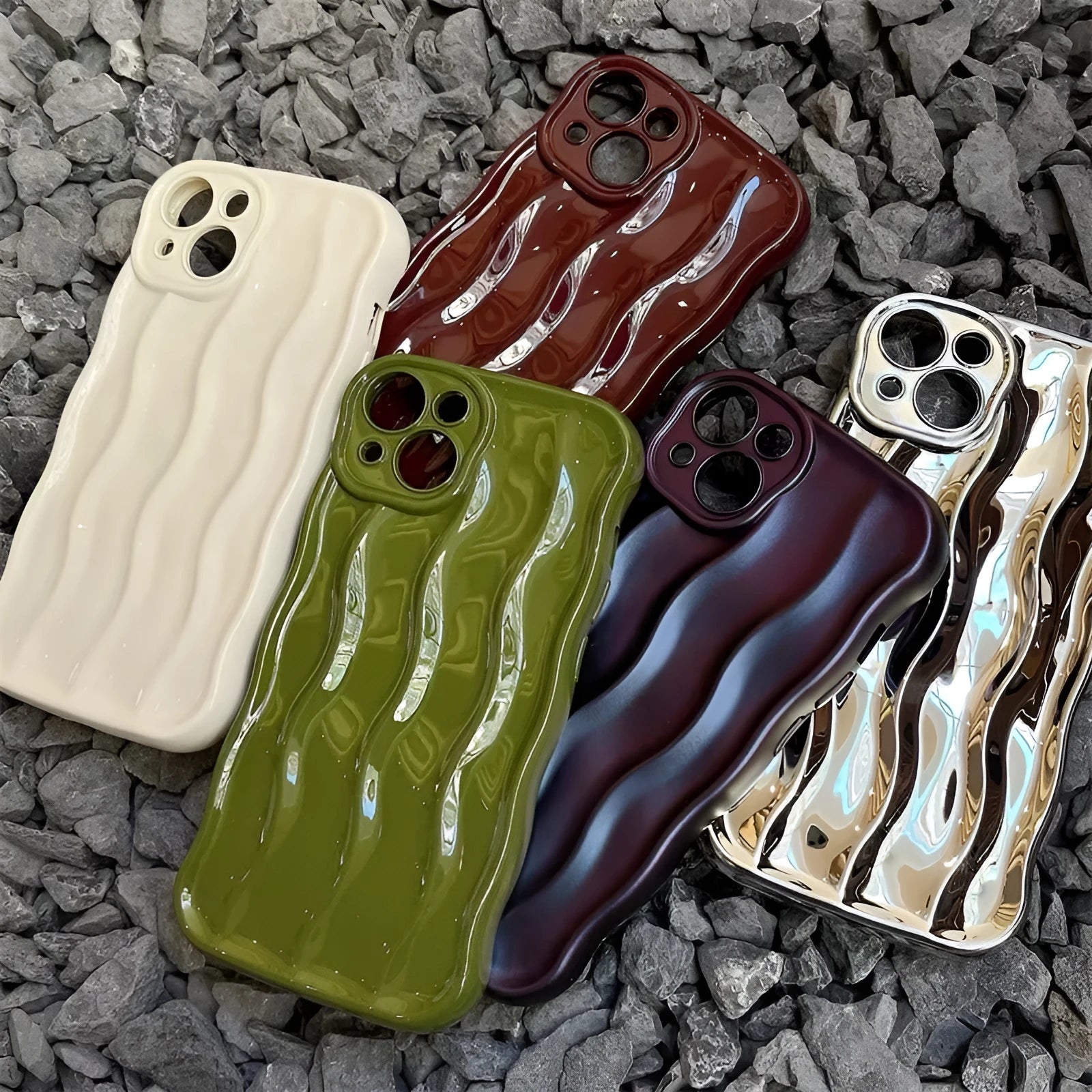 Silicone iPhone 17 case with water ripple pattern in green colour showing front and back views