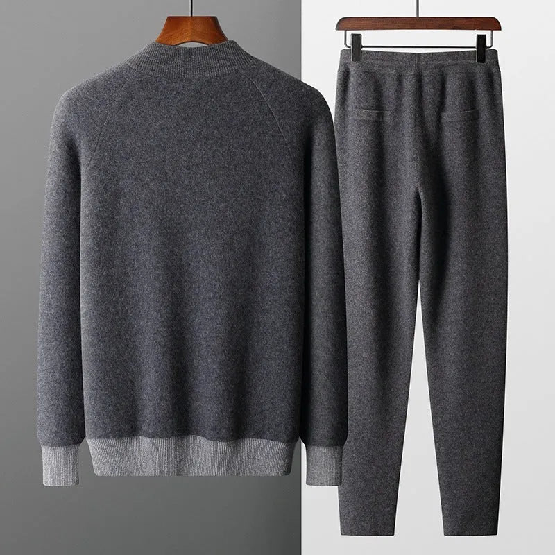 Men's cashmere wool blend sports cardigan suit with half turtleneck zipper top and matching trousers