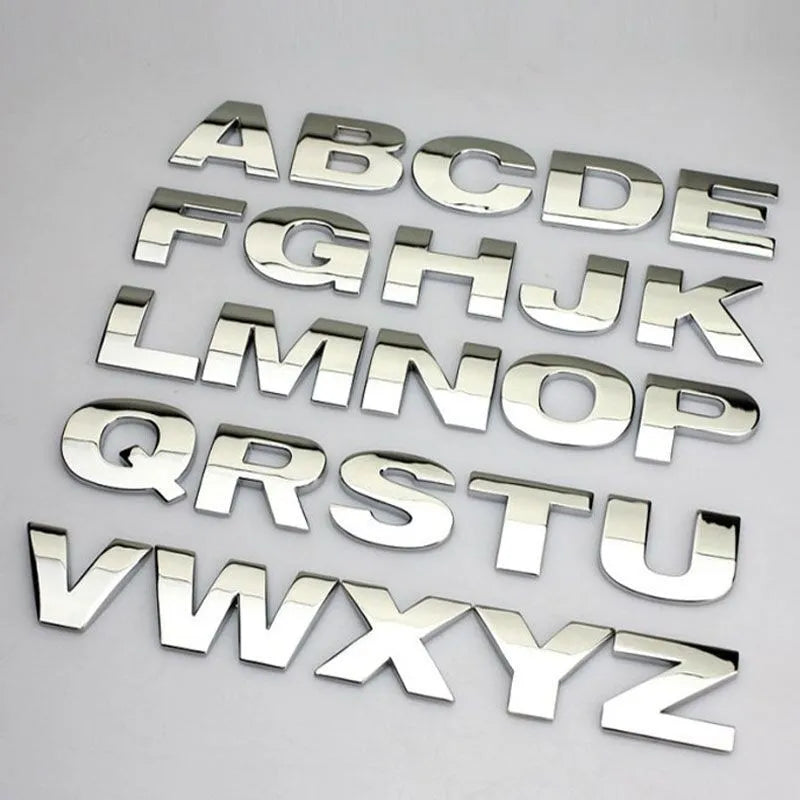 Metal zinc alloy car letter stickers showing dimensional 3D construction in black and silver finishes