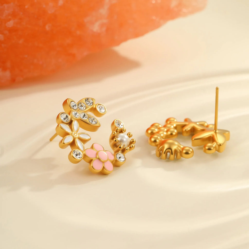 A pair of flower-shaped petal stud earrings with colourful oil finish and 18K electroplating on stainless steel.