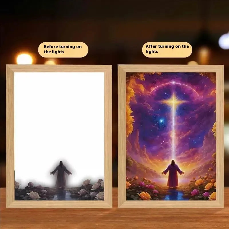 Modern rectangular LED light painting frame showing a sea and home scene on a wall.