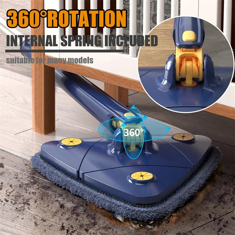 Extendable triangle mop with rotating blue head and stainless steel pole for cleaning corners and walls