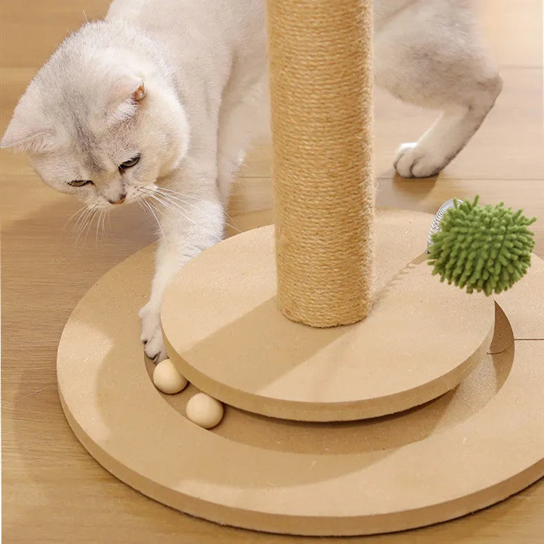Vertical cat climbing frame with natural hemp rope scratching surface on a canna-coloured column.