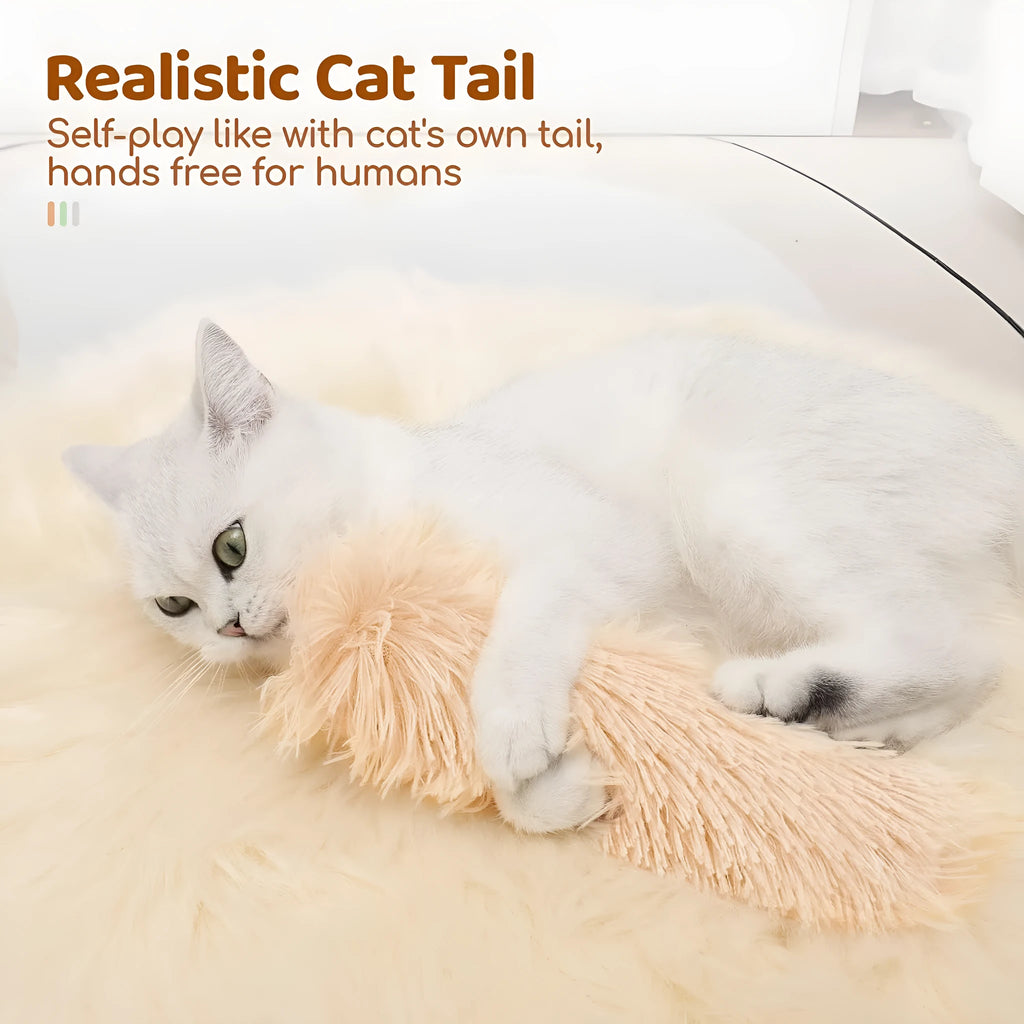Blue, green, pink, and white plush cat toy pillow measuring 27 by 10 centimetres.