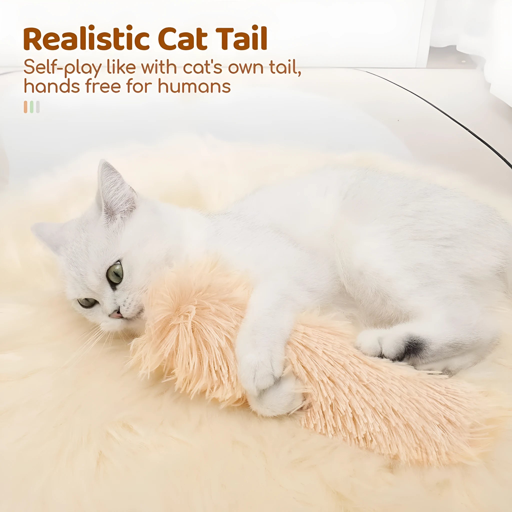 Blue, green, pink, and white plush cat toy pillow measuring 27 by 10 centimetres.