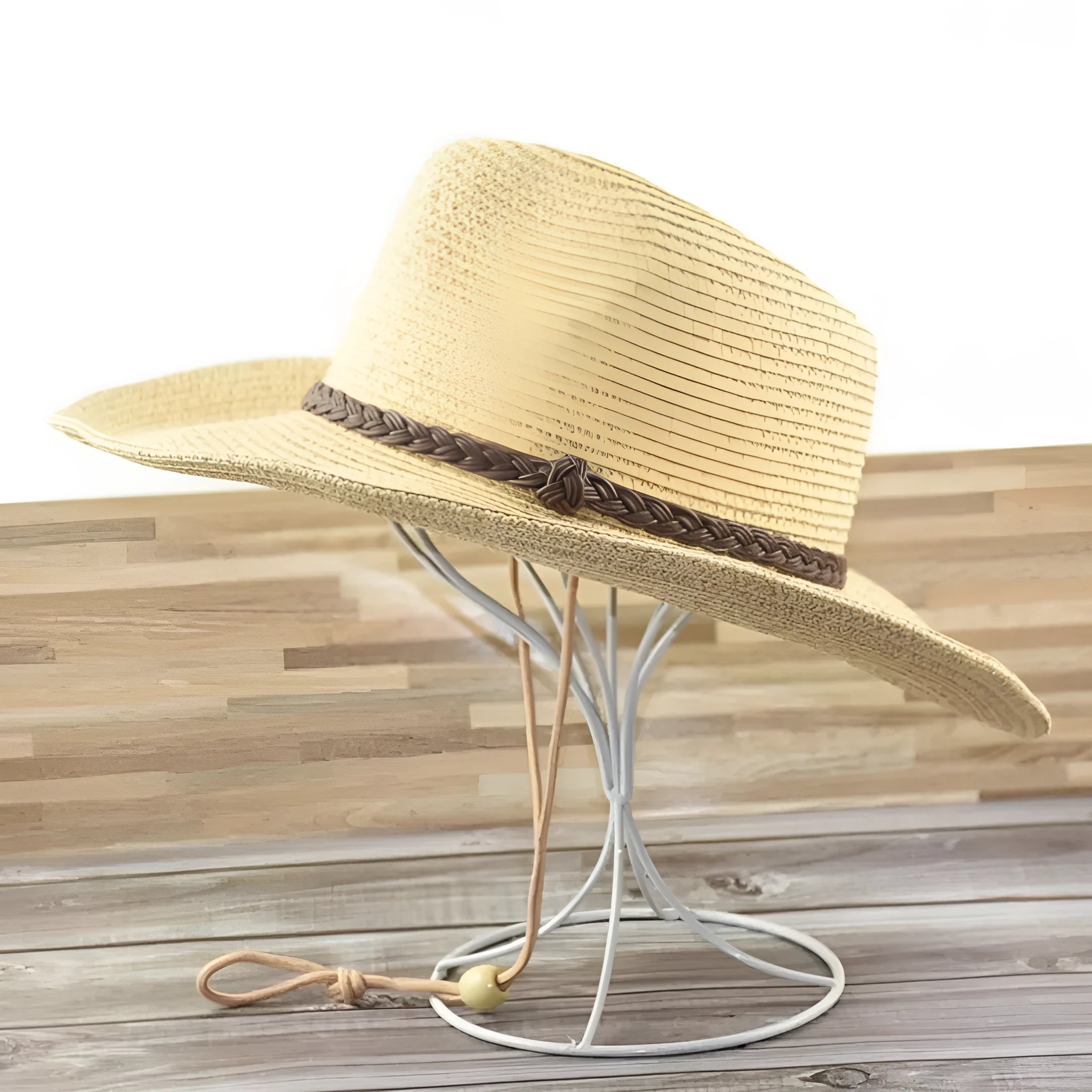 Men's foldable straw sun hat with wide brim in mixed beige colour, shown in folded and unfolded positions