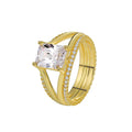Gold electroplated copper ring with square zircon stone in geometric design, showing side profile