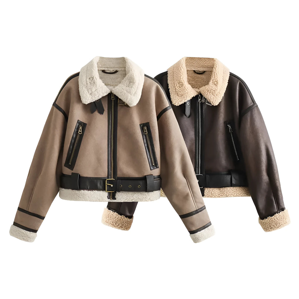 Women's loose long sleeve lamb wool splicing coat in khaki, PU fabric with zipper front