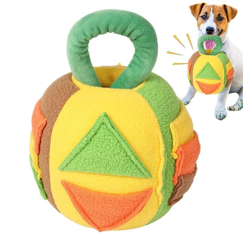 Green polyester squeaky plush ball dog toy with treat pockets for small to medium breeds