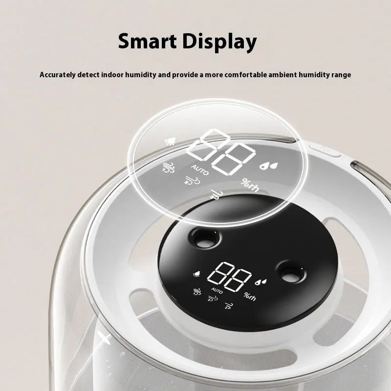Beige round ultrasonic humidifier with USB port, dual spray nozzles, and display.