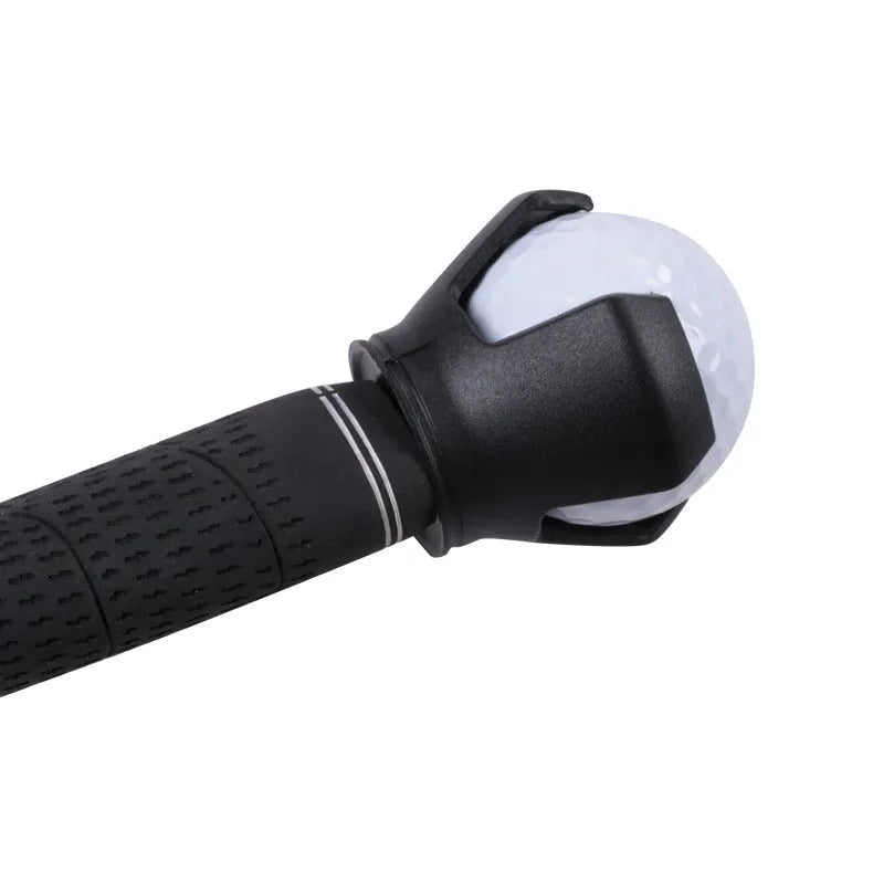Black golf ball picking device with a seat and clip, weighing 60g.