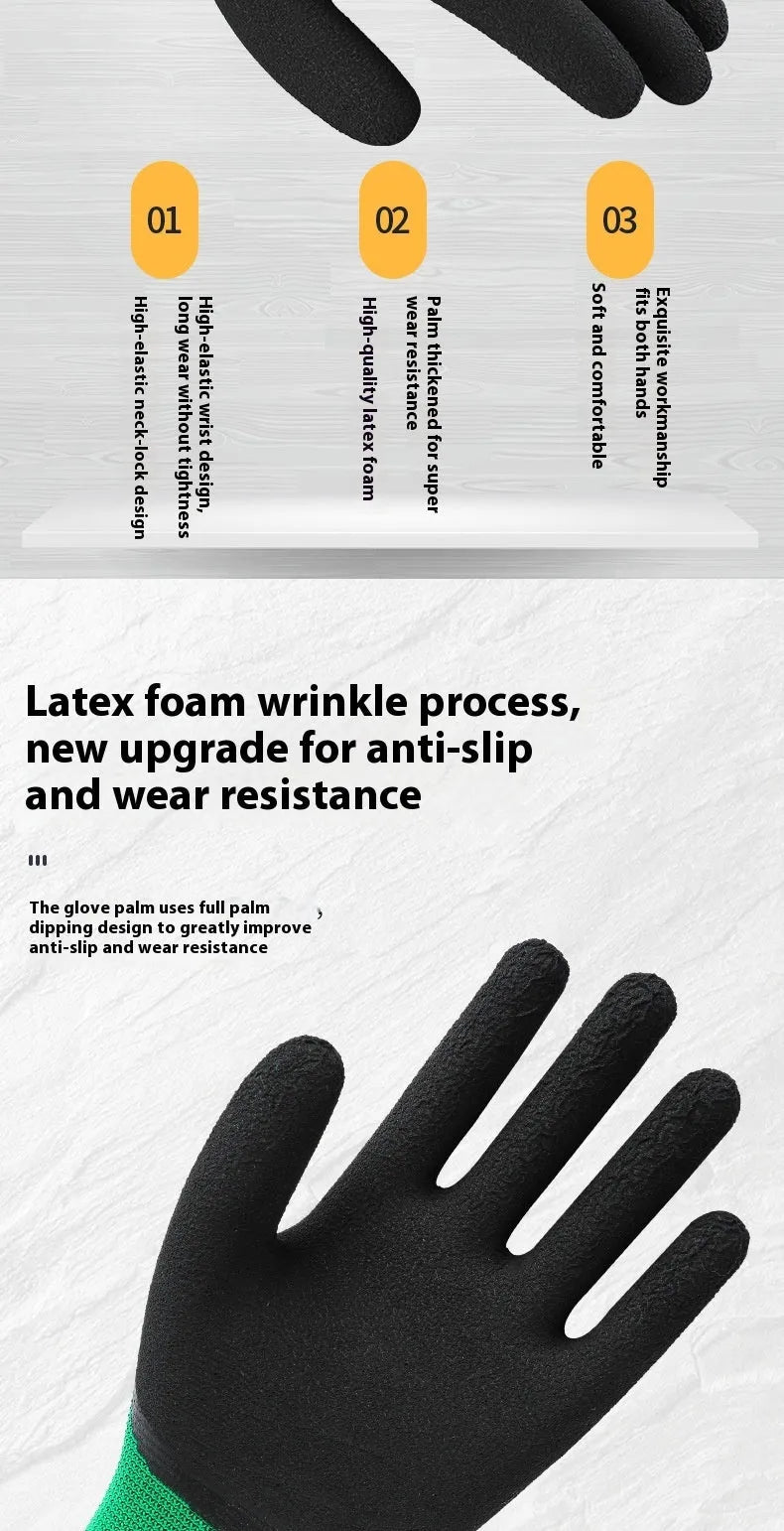 Black and green rubber work gloves showing textured non-slip palm and 13-stitch construction on the back.