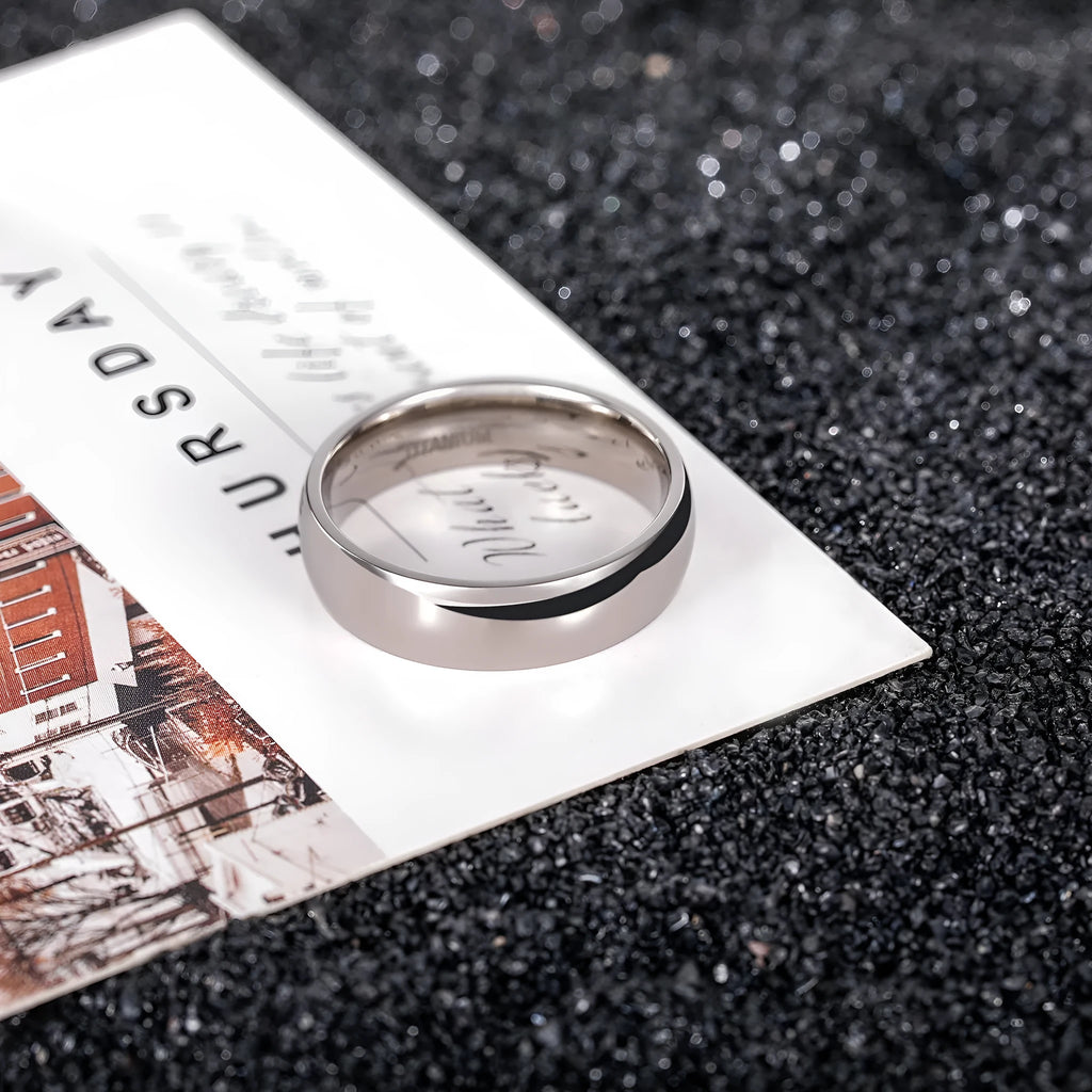 Silver titanium steel band ring shown in different widths on a hand.