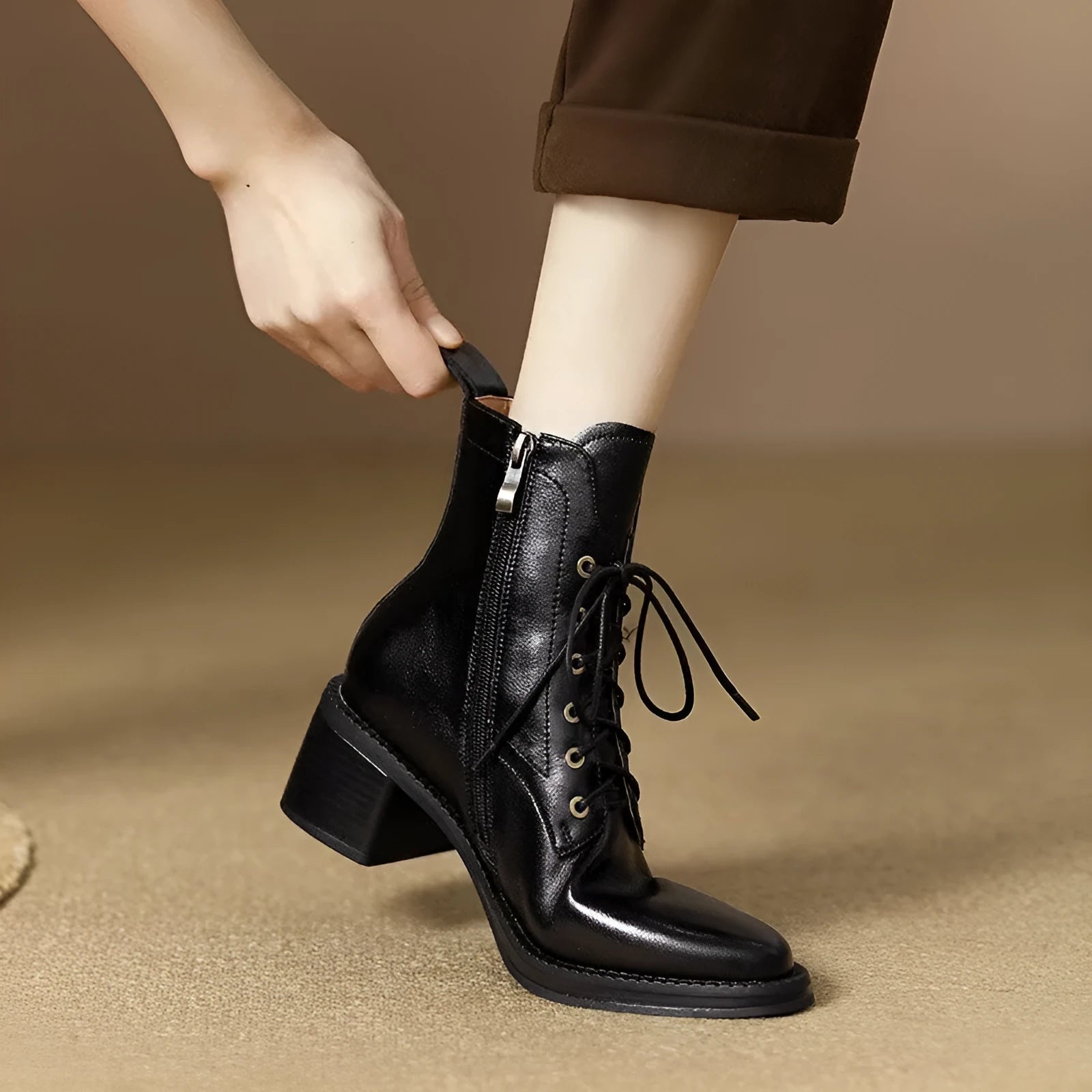 Women's French elegant pointed-toe short tube boots in black or brown with 5.5cm heel