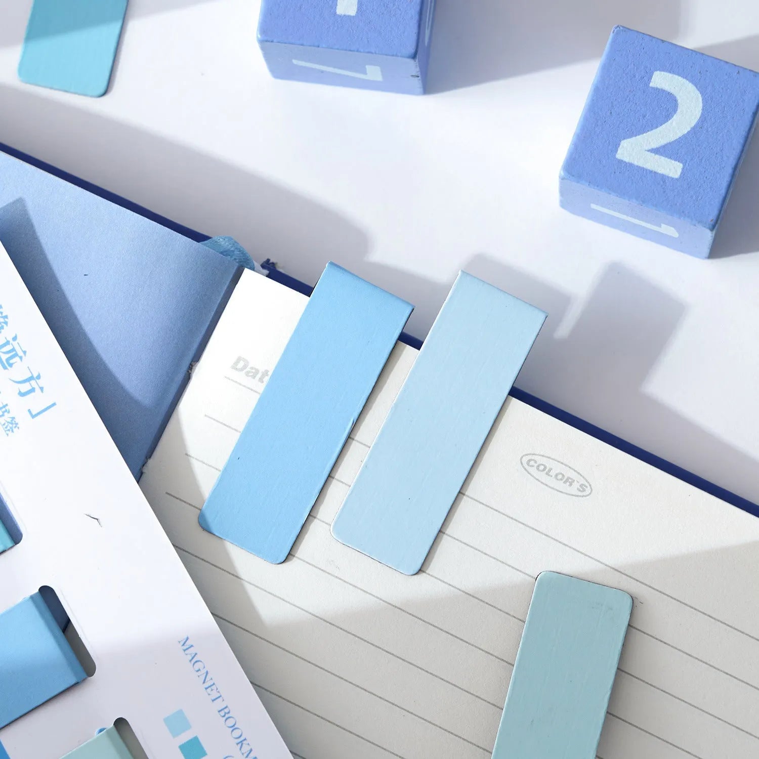 Four magnetic Morandi colour block bookmarks showing soft evening breeze, Lanshan breeze, gentle twilight, and quiet distance colours