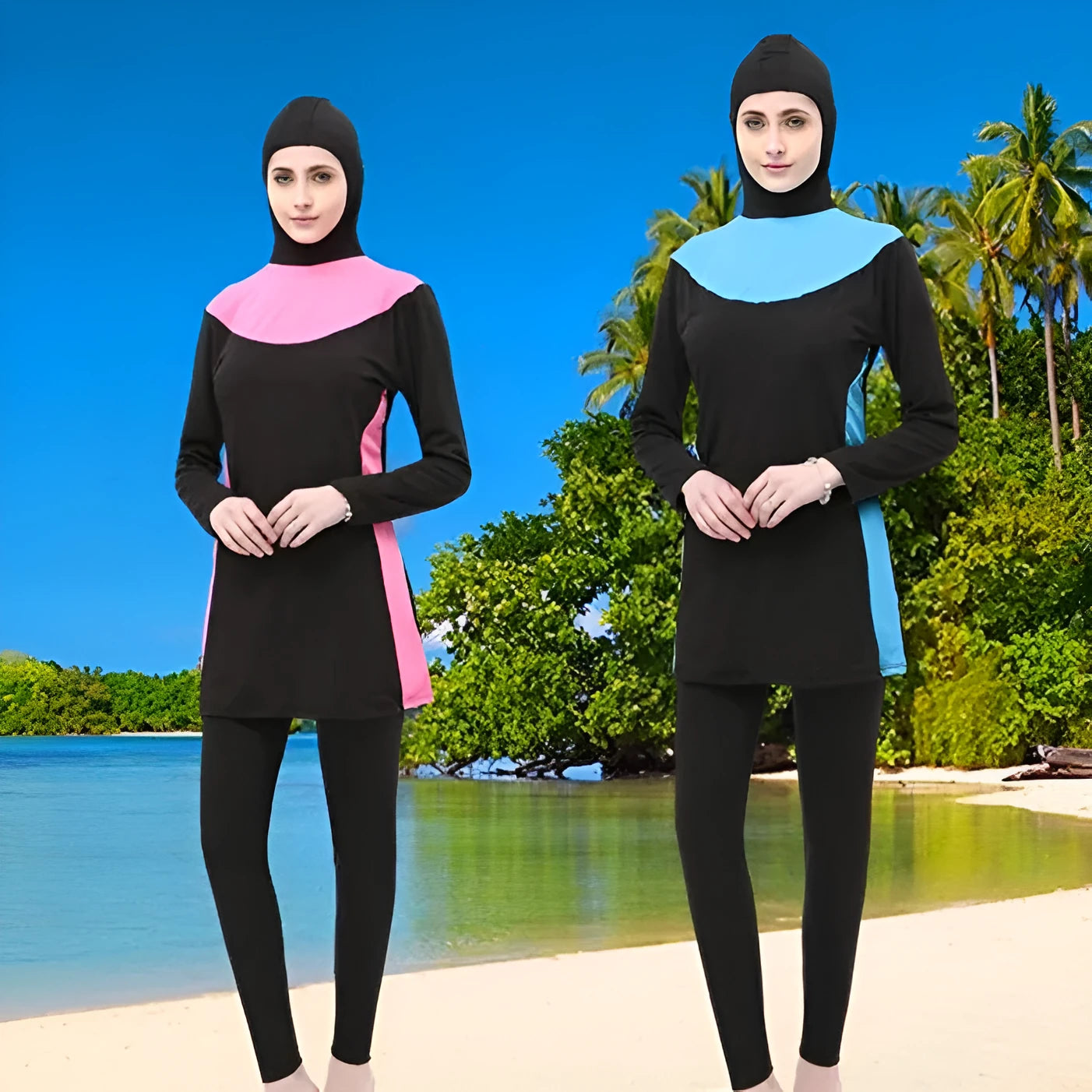 Conservative women's hooded long sleeve swimsuit in black with colour trim.
