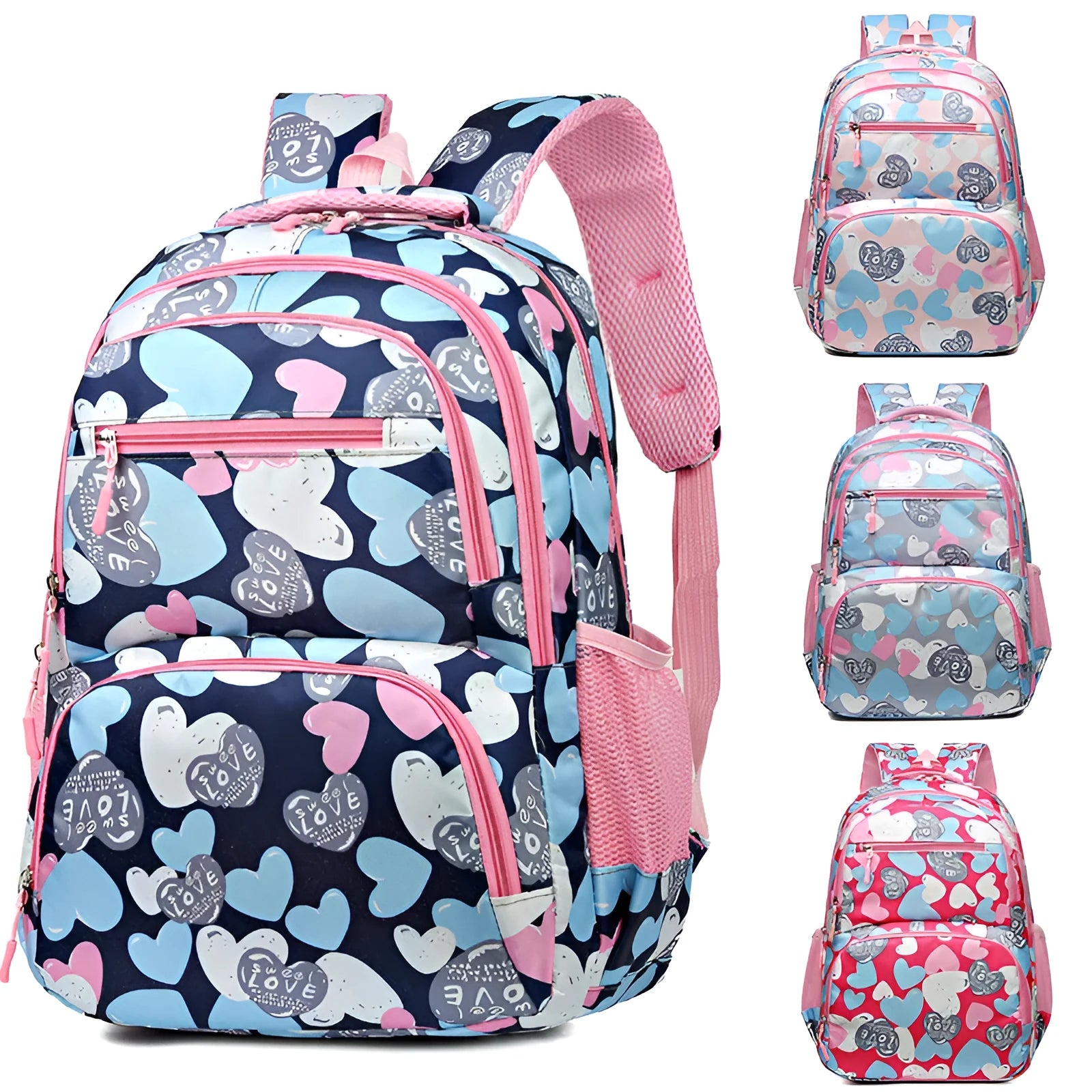 Blue children's school backpack with air pillow straps on a grey background.