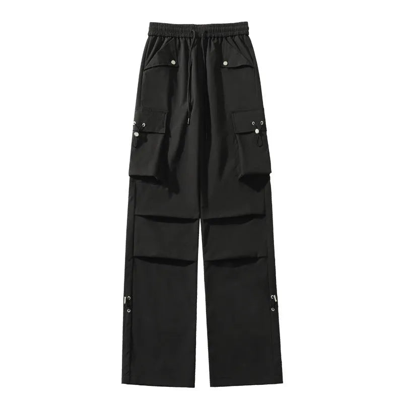 Black waterproof plus size loose straight-leg trousers with a drawstring waist on a hanger.
