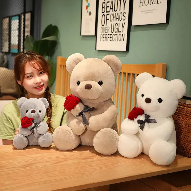 Soft plush rose bear teddy doll in beige, brown, or grey, shown in multiple size options.