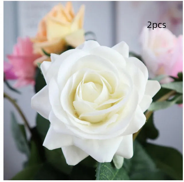 Artificial silk rose flower with red petals and green plastic stem measuring approximately 42cm long
