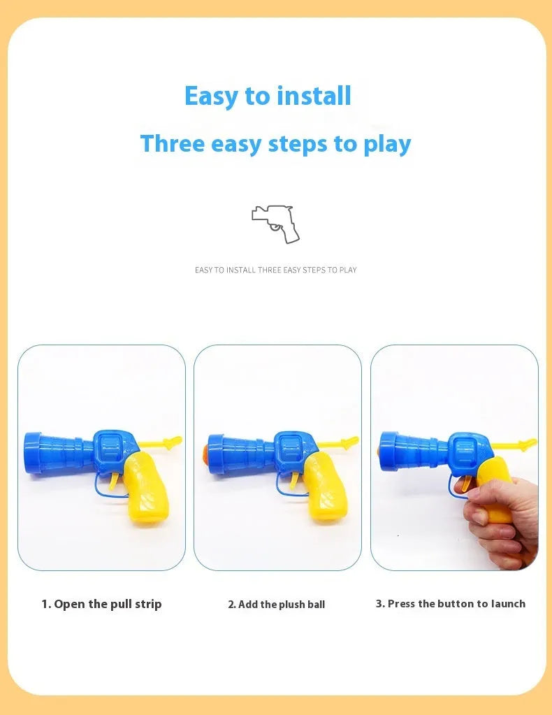 Pet toy set showing foam launch gun and assortment of soft plush balls for interactive fetch games