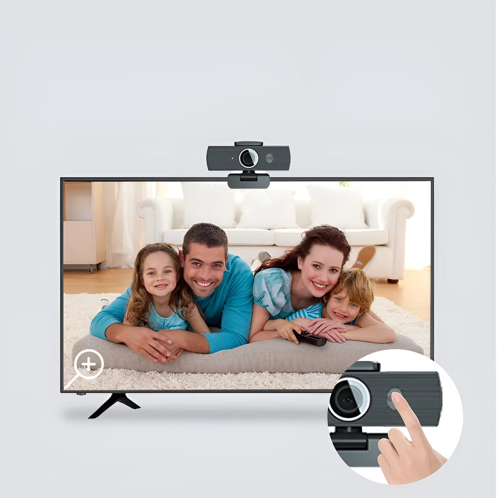 Black USB computer webcam with magnetic privacy cover for 4K video conferencing