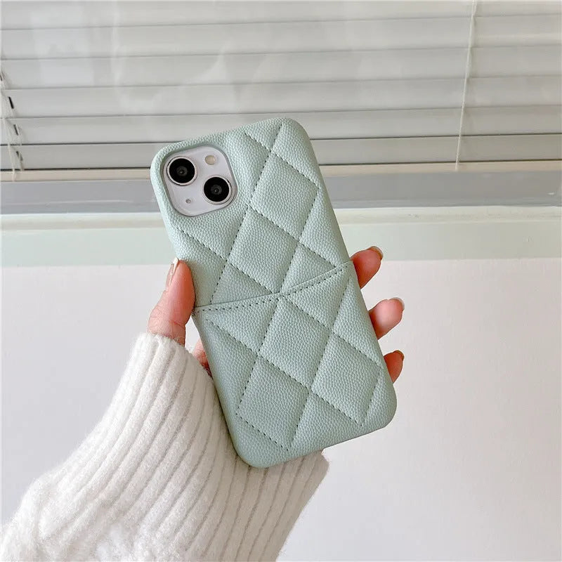 Imitation leather phone case with rhombus grid and card slot for iPhone in mint green