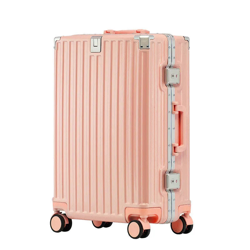 Aluminium frame trolley suitcase with USB port and universal wheels in avocado green colour.