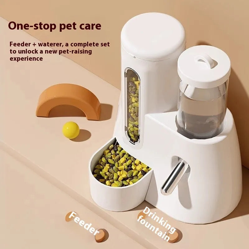 Hamster automatic drinking water feeder with integrated food basin in blue, pink, or white.