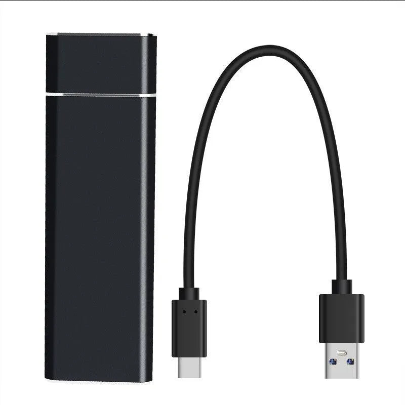 Sapphire blue metal external solid state hard disk with USB cable on a white surface
