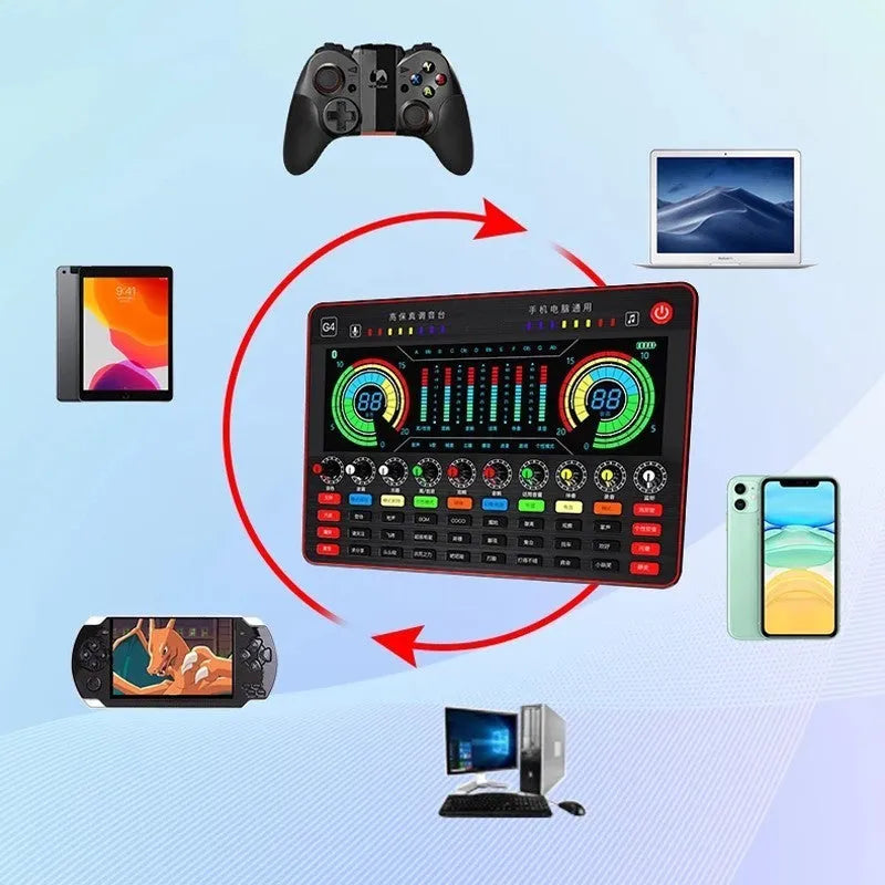 G4 professional live sound card mixer with LCD screen, control knobs, and included microphone on a desk