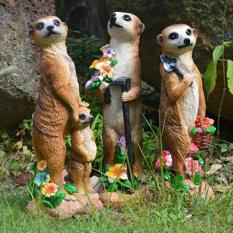 Three straw hat mongoose resin ornaments for garden and bonsai decoration