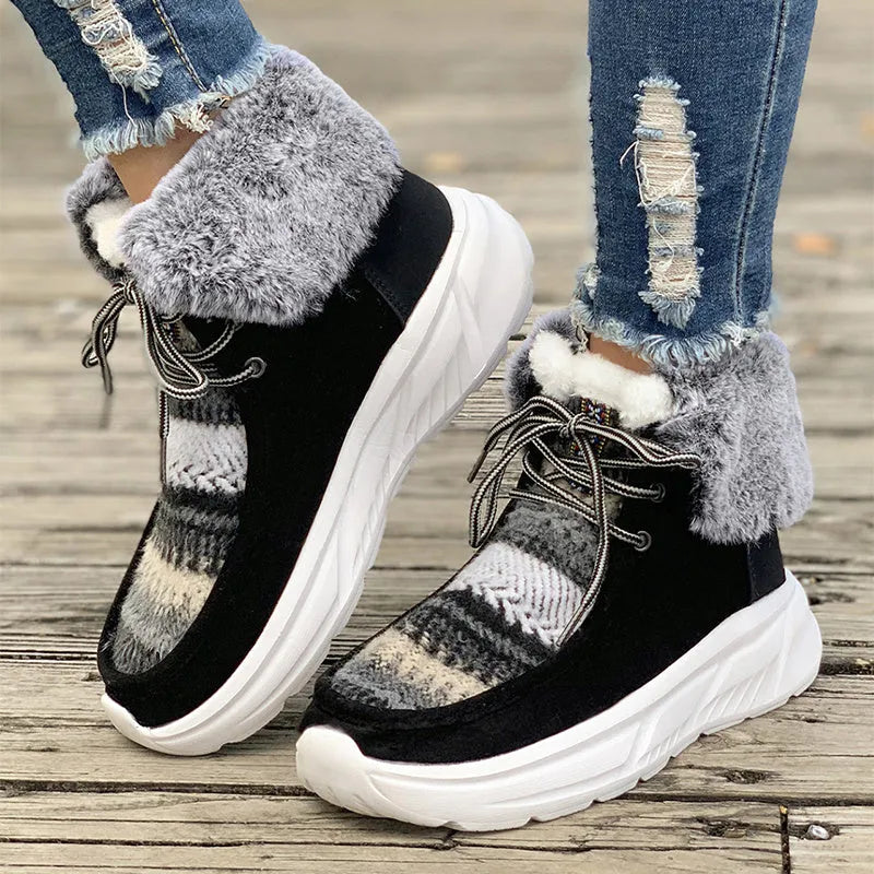 Women's beige lace-up snow boots with fuzzy lining and thick platform soles
