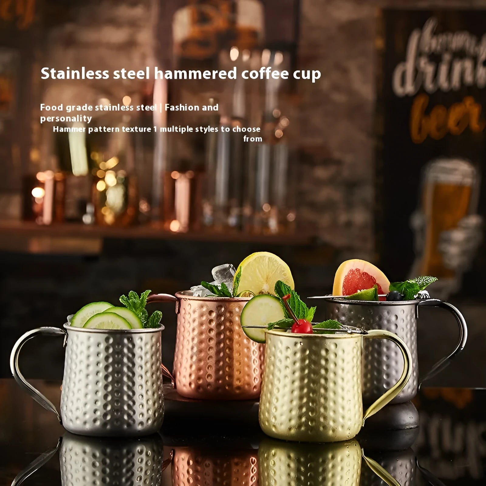 Stainless steel Moscow Mule cup with copper-plated finish in silver, gold, rose gold or black colour options