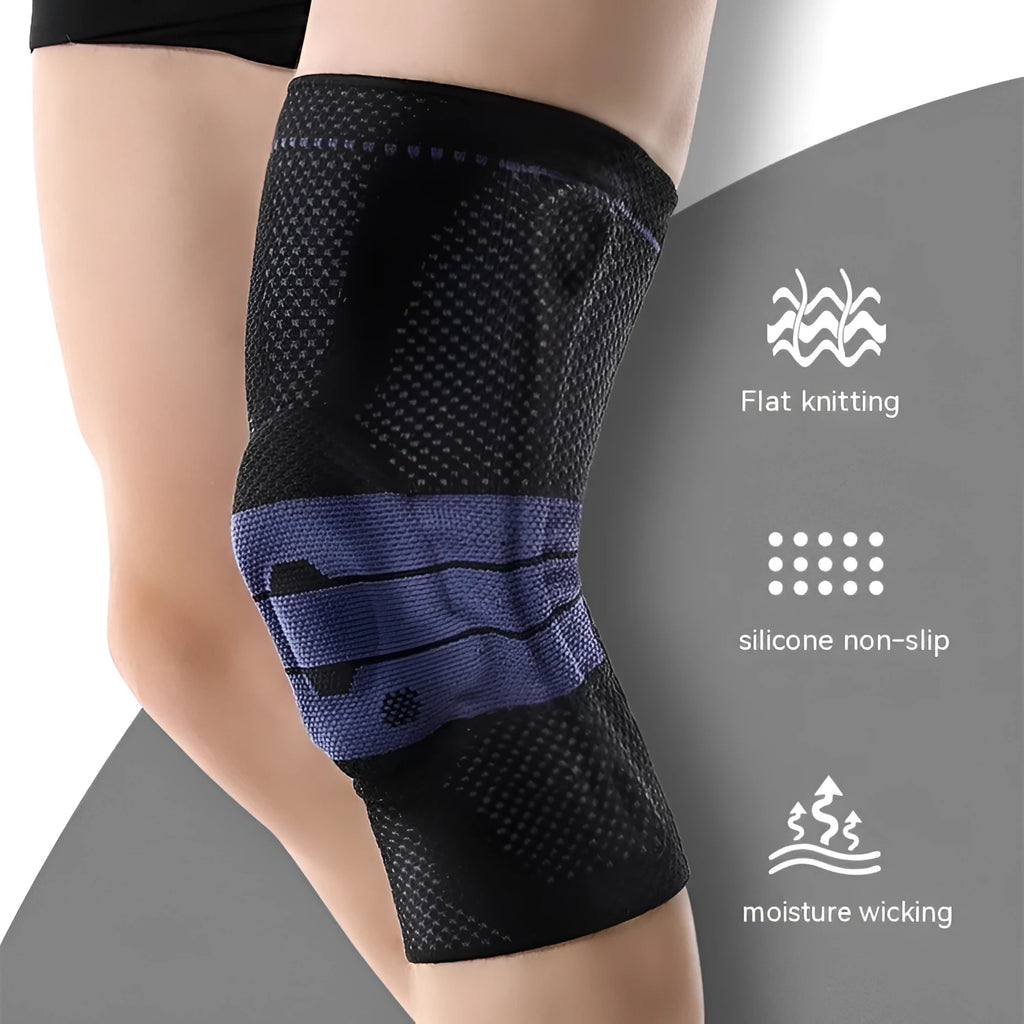 Adult sports kneecap in black and blue colours, made from nylon and spandex, for knee protection.