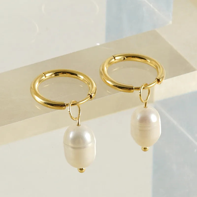 Gold geometric earrings with pearl accents and titanium steel posts for women