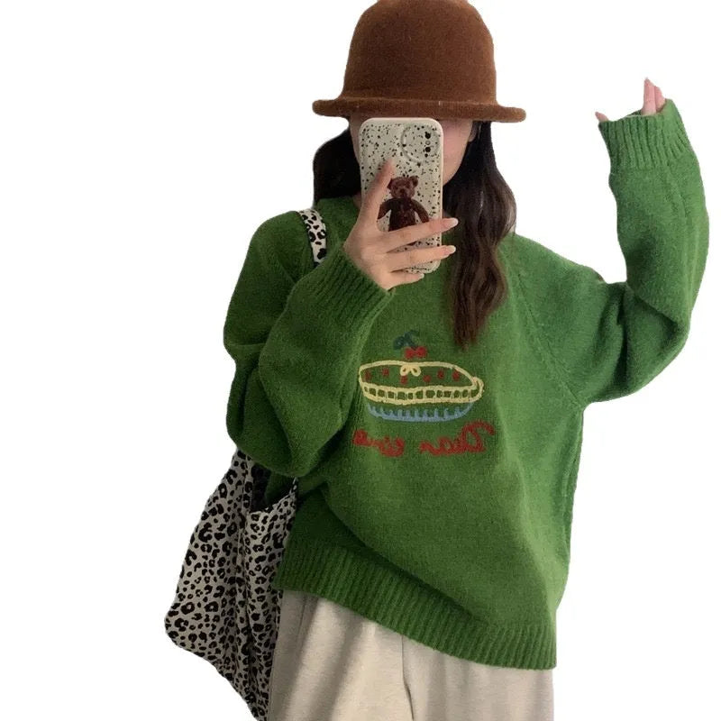 Women's loose fit round neck embroidered cartoon sweater in beige with long sleeves and acrylic spandex fabric