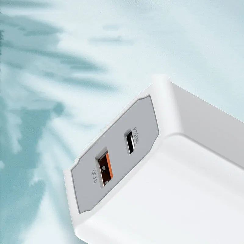 White USB phone fast charger set with European standard cable and compact dimensions