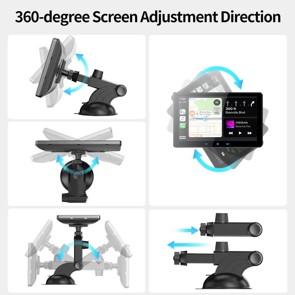 7 inch wireless CarPlay car display with cigarette lighter interface and suction cup mount