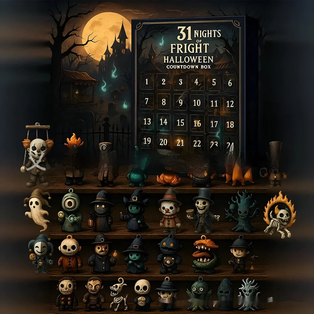 Halloween countdown advent calendar box with 31 blind box compartments containing resin horror dolls